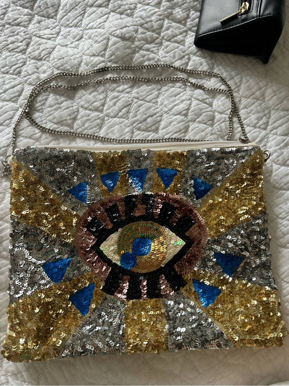Sequin Evil Eye-Embellished Crossbody Clutch in Gold & Silver